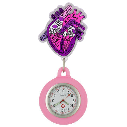 Heart Shape Icons Retractable Nurse Doctor Shiny Badge Reel Clip Pocket Watches Hospital Medical Working Office Hang Clock
