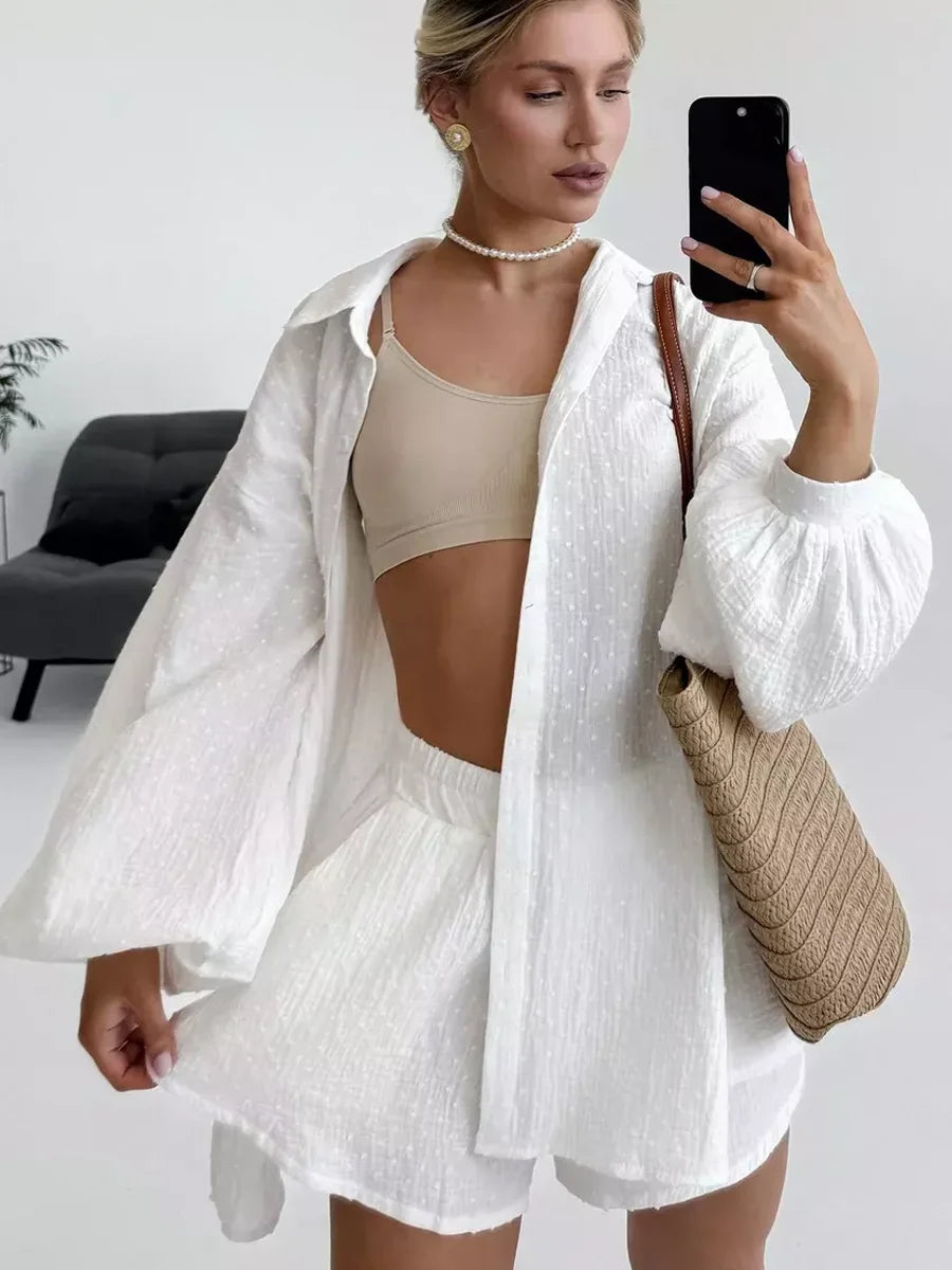 Women's Summer Suit with Shorts and A Shirt White Cotton 100% Two-piece Suit Female Long Sleeve  Oversize  Muslin Suit for Women
