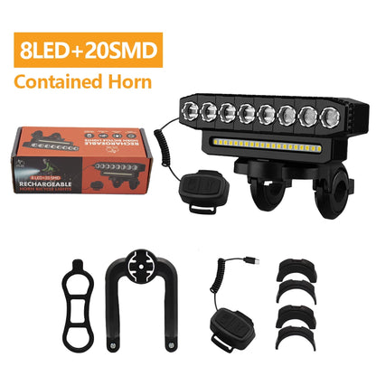 8 LED Bike Front Light Cycling Bike Headlight with 120dB Horn 6 Lighting Modes MTB Road Bicycle Bell Front Light Easy to Install