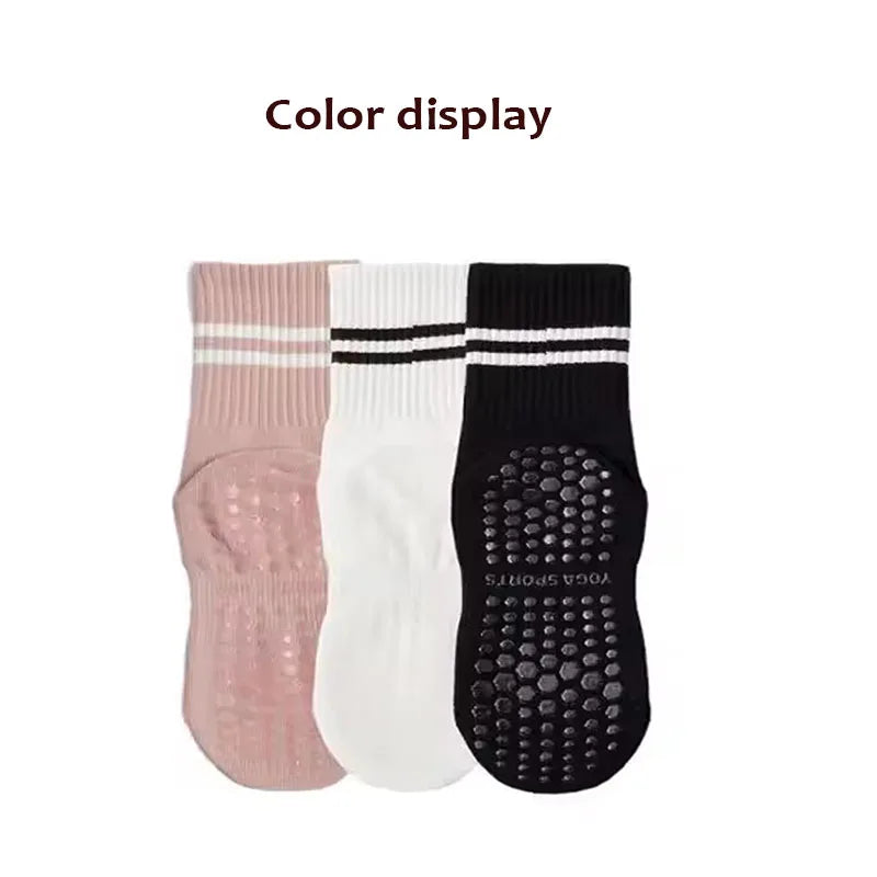 3-Pair Female Pilates Indoor Anti Slip Silicone Floor Socks Breathable Double Bar Middle Socks Fitness Dance Exercise Yoga Socks