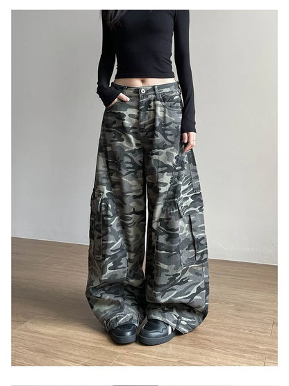Women's Large Pocket Curved Wide Leg Camouflage Cool Girl Street Straight Bottoms Female Summer Unisex Loose Trousers