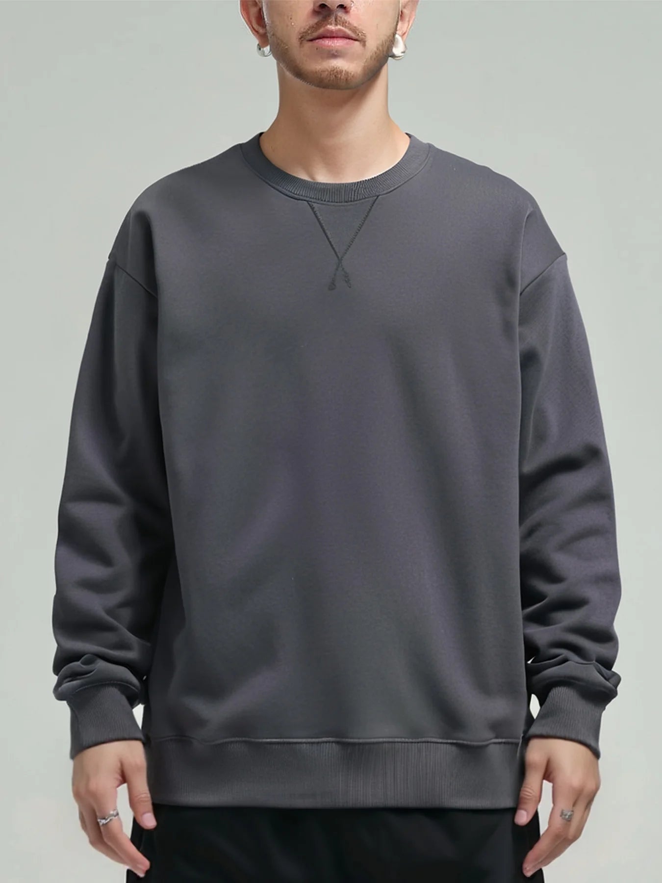 380g Tight Match Heavy Inverted Triangle Loose Versatile Solid Cotton Vintage Autum Winter Long Sleeve Round Neck Sweater