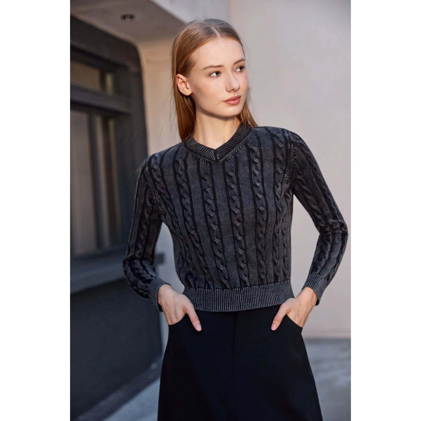 AP 2026 Women Washed Sweater Autumn and Winter Cable Sweater Stretch Skirt and Fashion Leather Skirt