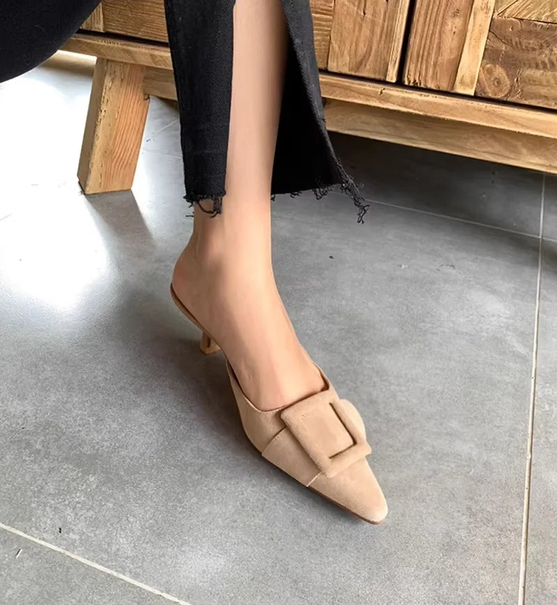2025 Womens Summer sandals Lady mules basic style shoes natual suede french style buckle slippers Women pump pointed toe size 42
