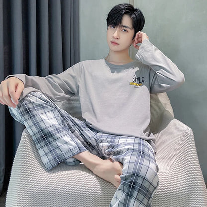 Spring Autumn Plus 4XL Knitted Men's Sleepwear Letter Lattice Pajamas Plaid Pajamas Sets Casual Loungewear Pyjamas Night Fashion