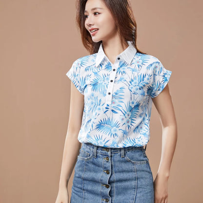 Women Spring Summer Style Chiffon Blouses Shirt Lady Casual Short Sleeve Turn-down Collar Printed Casual Loose Tops DF3548