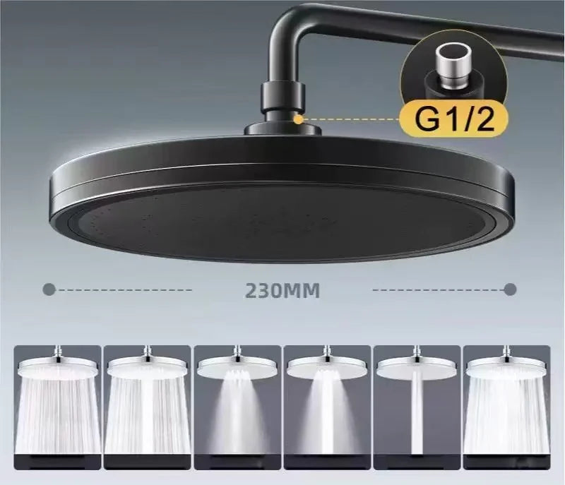 New 6 Modes Large Flow Supercharge Rainfall Shower Head 230mm Round High Pressure Top Spray Rain Showerhead Bathroom Accessories