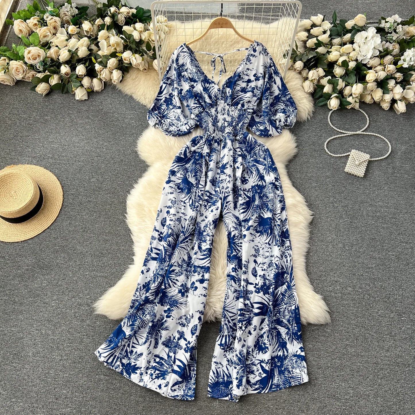 V Neck Sexy Dolman Sleeves Waist Slim Polka Dot Print Jumpsuit Women Wide Leg Trousers Jumpsuit