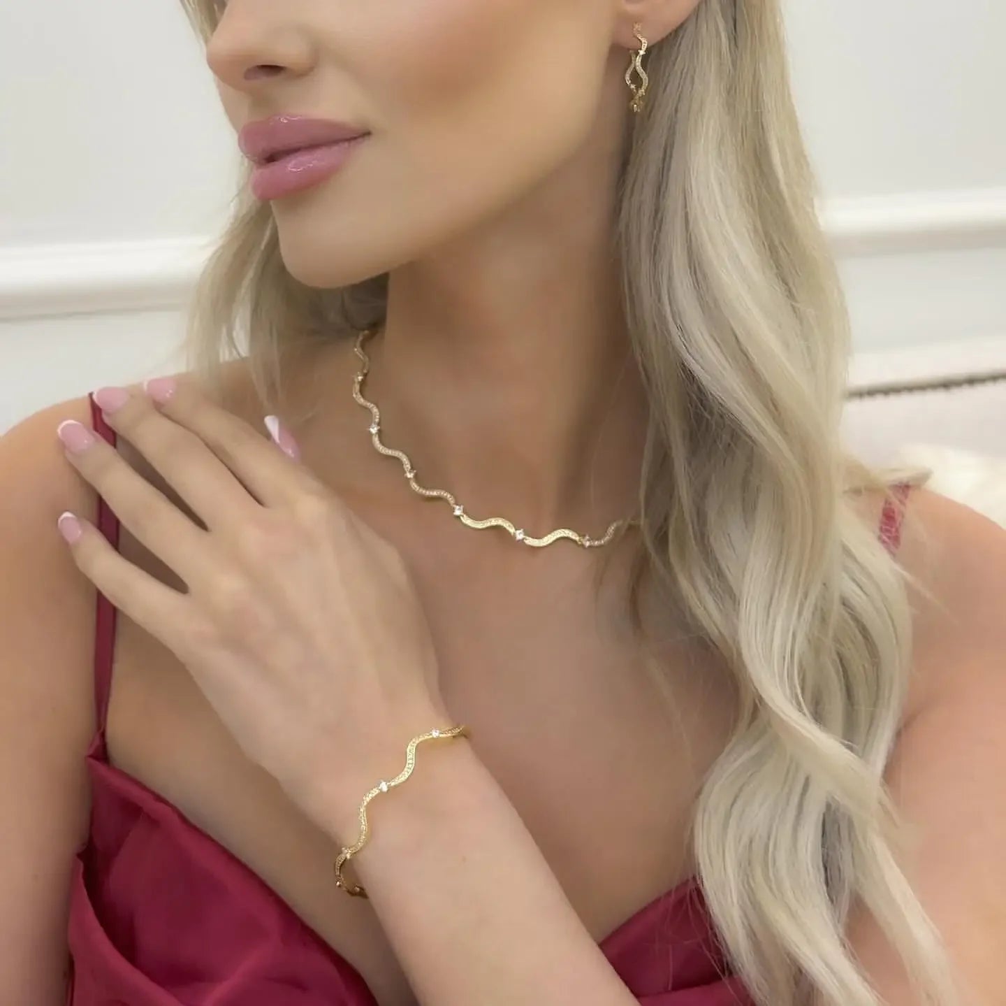 Fashionable Women's Wave Band Bracelet Ring Earring Necklace Set with 5A Cubic Zirconia CZ in Micro Pave Setting