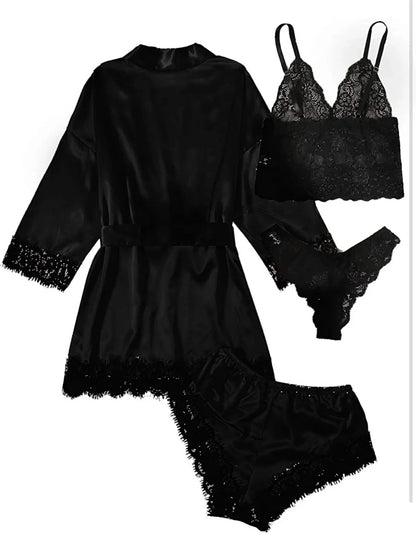 Women's Fashion Pajama Print Sexy Lace Trim Faux Silk Satin Pajama Set Gown Skin Friendly Comfort Loungewear Sexy Pajamas