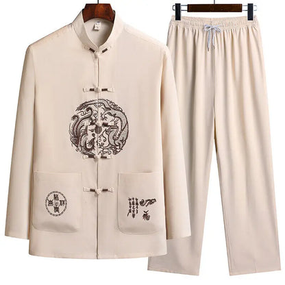 Male printing Chinese style long sleeves shirts trouser 100% Cotton Silk fabric Sportswear Men's Casual Sets Shirts + Pants