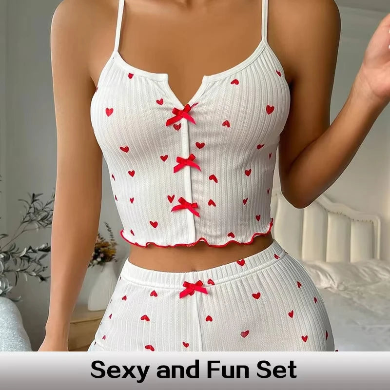 Sexy Sleepwear Women Pajamas Set Heart Print Silk Stain V-Neck Sleeveless Casual Cami Top and Shorts Sets Home Suit Loungewear