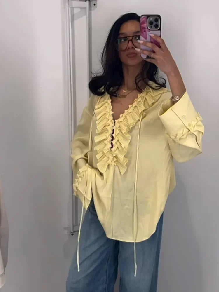 Solid Ruffles Full Sleeve Chiffon Shirt Women Casual V Neck Long Sleeves High Street Blouses 2025 Spring Summer Loose New Tops