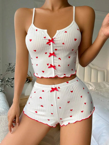 Sexy Sleepwear Women Pajamas Set Heart Print Silk Stain V-Neck Sleeveless Casual Cami Top and Shorts Sets Home Suit Loungewear