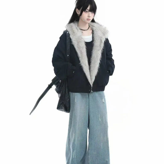 American Harajuku Warm Jacket Mens and Womens Retro Simple Plush Jacket with New Loose Leather Motorcycle Punk Fur Collar Jacket