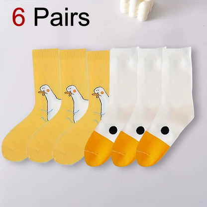 1/6 Pairs Cartoon Women Socks Fashionable And Versatile Cute Design Funny Goose Breathable Soft Comfortable Women Casual Socks?