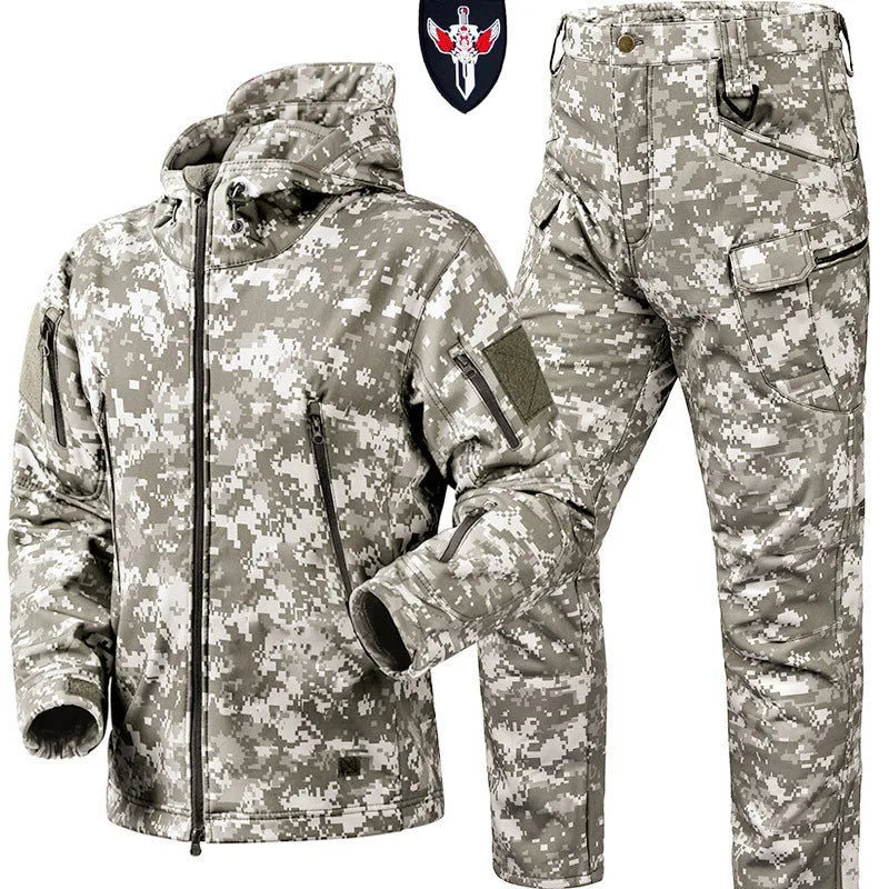 Tactical Winter Set Men's Outdoor Windproof Waterproof Suit Multi-Pocket Soft Shell Hooded Jackets Sharkskin Work Pants