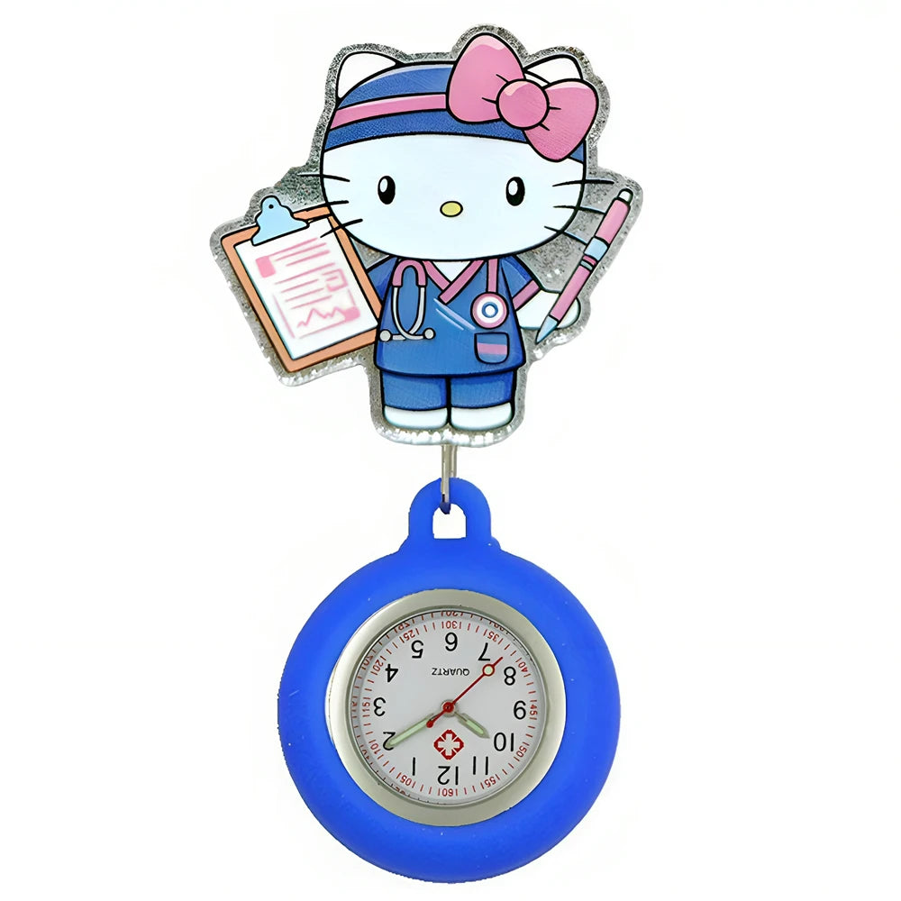 MINISO Lovely Cartoon Kitty Cat Hospital Nurse Doctor Medical Workers Office Badge Reel FOB Pocket Watches Hang Clock Gifts