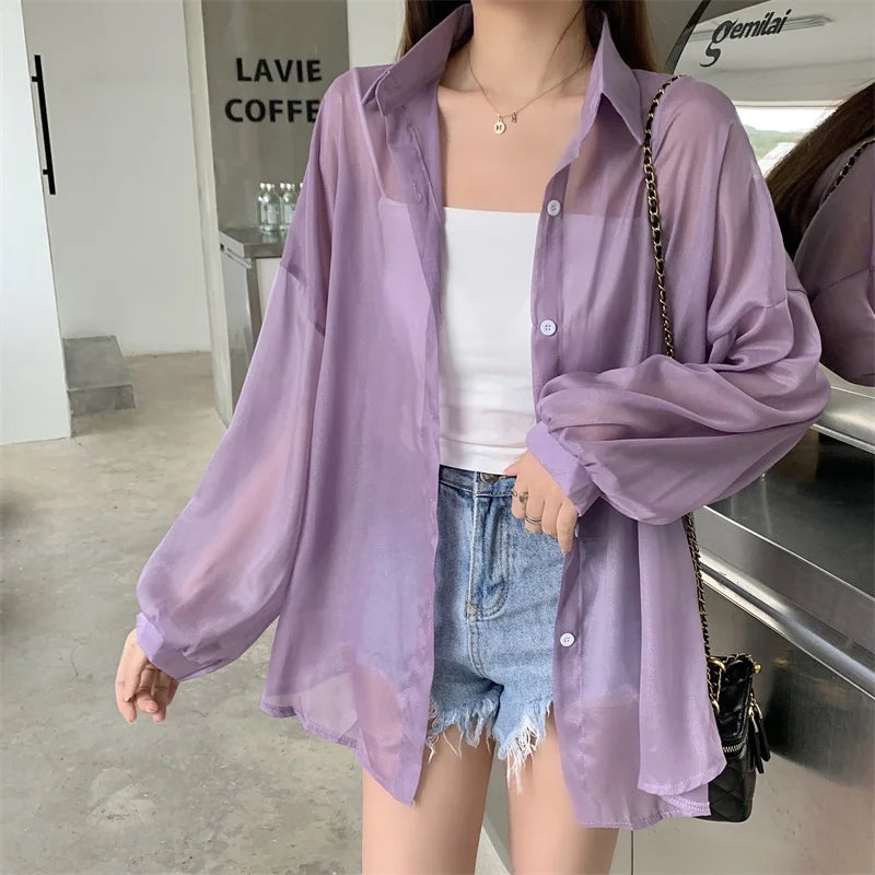 Semi Sheer Long Sleeve Shirt for Women Shimmer Button Down Collared Plain Lightweight Shirt Spring Summer Chic Tops Outfit