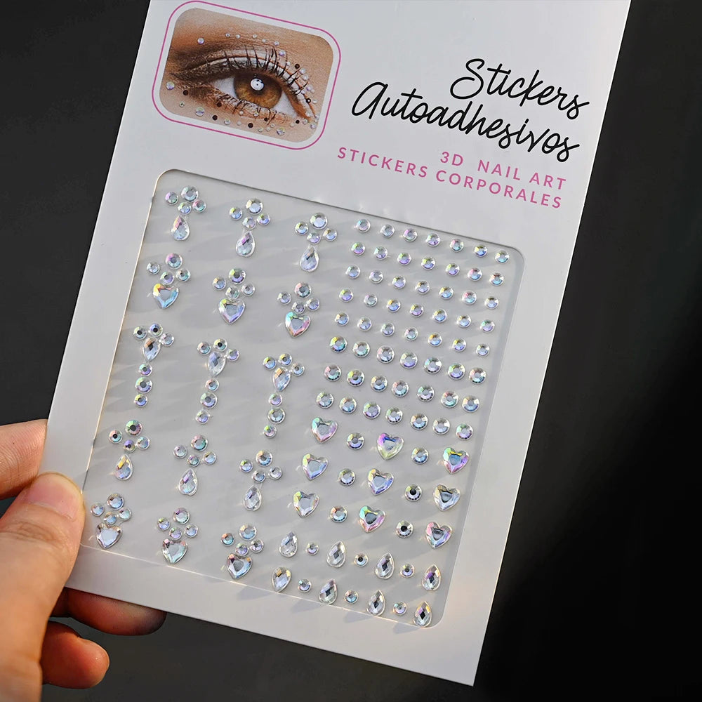 1Sheet 3D Rhinestone Face Tattoo Stickers Coloful Glitter Gems Sliders Festival/Makeup Waterproof With Diamond Tattoos Decals *&