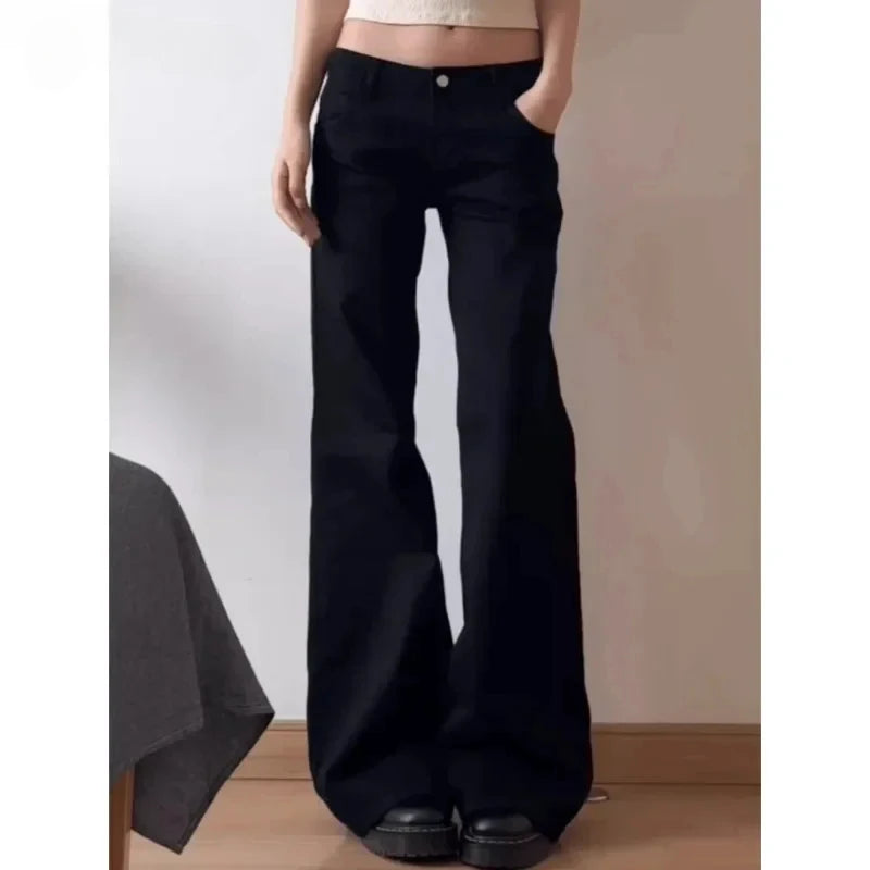 American Retro Flare Jeans Low Waist E-girl Slim Bandage Bottoms Women Fashion Black Cotton Denim Pant Trousers Y2K High Street
