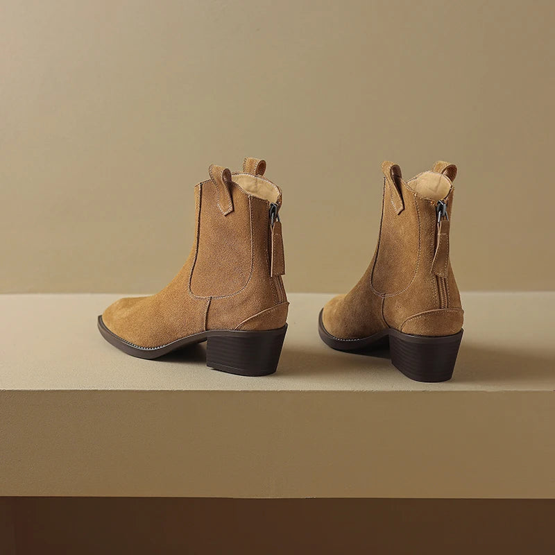 Cow Suede Women Western Boots Black Brown Khaki Mid Block Heels Back Zipper Pointed Toe Retro Ladies Autumn Winter Ankle Boots