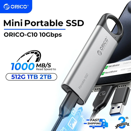 ORICO 1TB External SSD Up to 1050MB/s, Hanging Hole Design Portable Solid State Drive, USB C&A 2 in 1 Cable, Reliable Storage