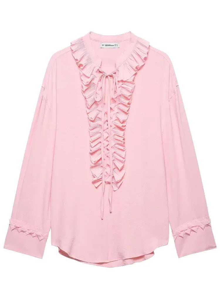 Women Solid Chiffon Ruffle Yellow Blouse Sheer V-neck Lace Up Full Flared Sleeve Shirts 2025 Summer Lady Fashion Loose Top New