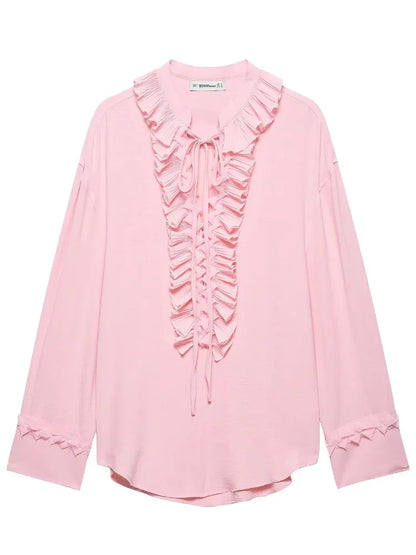 Women Solid Chiffon Ruffle Yellow Blouse Sheer V-neck Lace Up Full Flared Sleeve Shirts 2025 Summer Lady Fashion Loose Top New