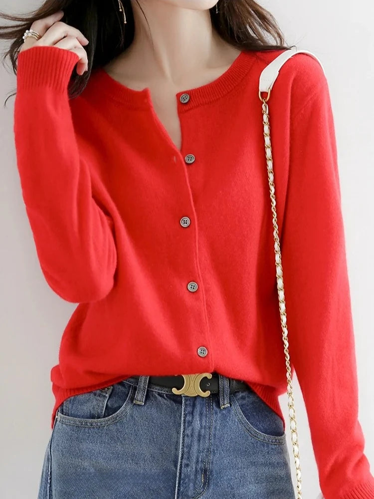 2025 New Worsted Spring And Autumn Women Cardigan Round Neck Knitwear Solid Color Fashion High-grade Knitwear Sweater
