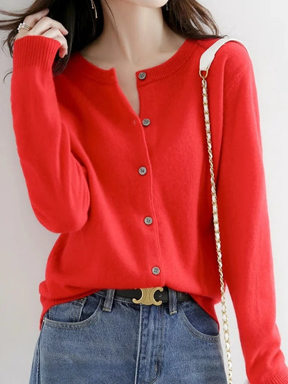 2025 New Worsted Spring And Autumn Women Cardigan Round Neck Knitwear Solid Color Fashion High-grade Knitwear Sweater