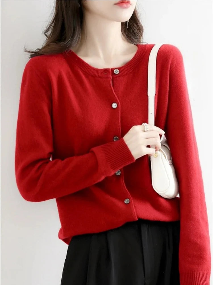 2025 New Worsted Spring And Autumn Women Cardigan Round Neck Knitwear Solid Color Fashion High-grade Knitwear Sweater