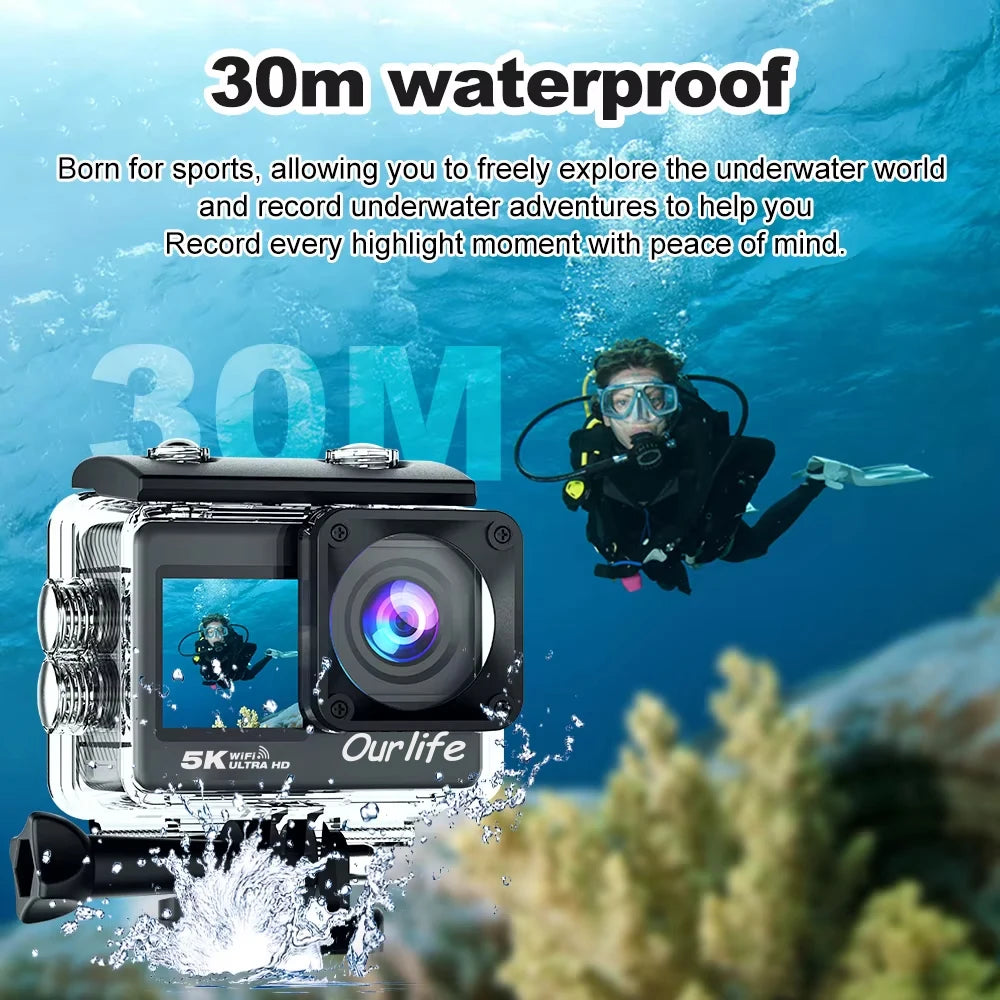 Ourlife 5K Action Camera 4K60FPS 2.0 Inch Touch Screen WiFi 170¡ã Wide Angle 30M Waterproof Bicycle Motorcycles Sports Cameras