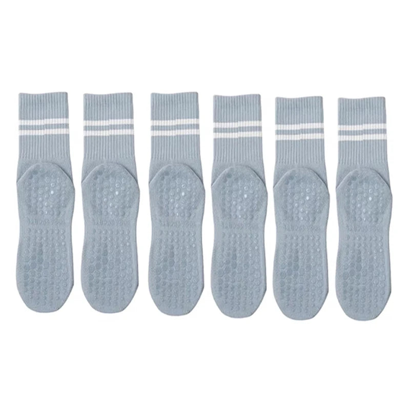 3-Pair Female Pilates Indoor Anti Slip Silicone Floor Socks Breathable Double Bar Middle Socks Fitness Dance Exercise Yoga Socks