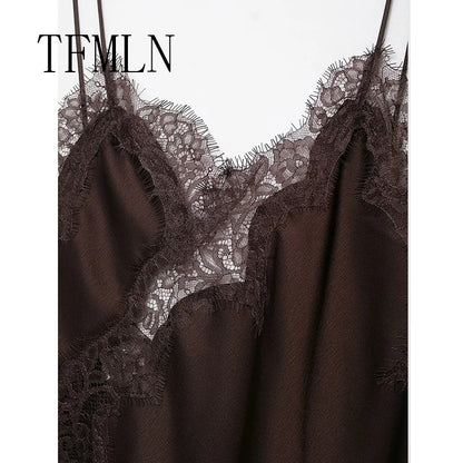 TFMLN Women Sexy Lace Splicing Dresses Summer Solid Sleeveless Asymmetry Dress Backless Slim Women's  Party Sling Mini Dress