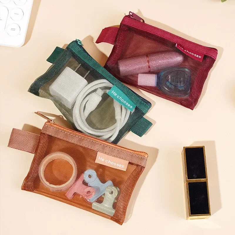 Small Square Solid Color Coin Bag Nylon Mesh Lipstick Key Earphone Organizer Holder Bus Bank ID Credit Cards Pouch Case Storage