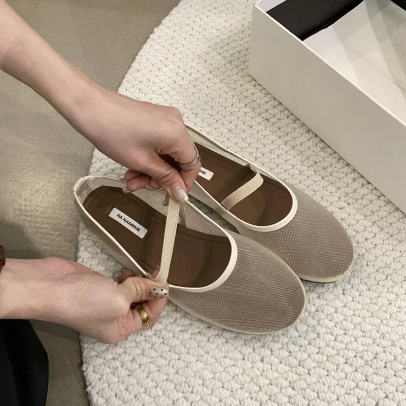 Designer Autumn Women Mesh Fabric Ballet Flat Shoes Fashion Shallow Elastic Band Ladies Comfort Soft Sole Mary Jane Shoes