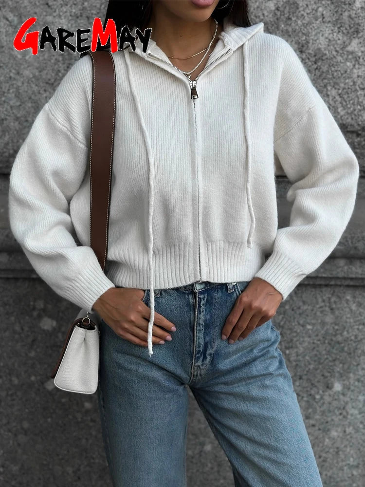 Autumn Knitted Women's Short Cardigan with Zipper Gray Winter Sweater Casual Cute Vintage White Cardigan for Women with Hood