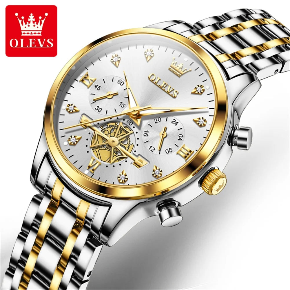 OLEVS New Flywheel Design Luxury Couple Watch Waterproof Moon Phase Chronograph Brand Original Quartz Wrist Watch for Men Women