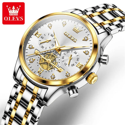 OLEVS New Flywheel Design Luxury Couple Watch Waterproof Moon Phase Chronograph Brand Original Quartz Wrist Watch for Men Women