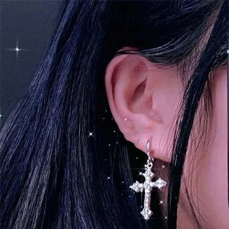 Silver Color Metal Cross Drop Earring Clear Crystal Stone Cross Dangle Earrings Sparkling Girls Evening Earring Jewelry