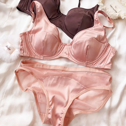 Women Ice Silk Comfort Underwear Sexy Small Breast Push Up Bra Set Detachable Padding Thin Cup Brassiere Intimates Panties Set