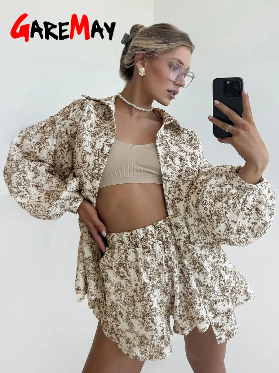 Women's Summer Suit with Shorts and A Shirt White Cotton 100% Two-piece Suit Female Long Sleeve  Oversize  Muslin Suit for Women