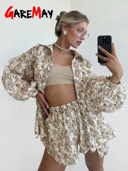 Women's Summer Suit with Shorts and A Shirt White Cotton 100% Two-piece Suit Female Long Sleeve  Oversize  Muslin Suit for Women