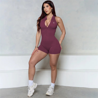 Allure The Brand Sleeveless ZIPPER Scrunch Butt Romper Women Sporty Jumpsuit Lycra Short Fitness Gym Overalls Workout Clothes