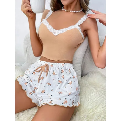 2Pcs Women Pajama Set Pink Lace Patchwork V-Neck Sleepwear Sexy Nighties Suit Cami Top Printed Shorts Soft Pyjamas Loungewear