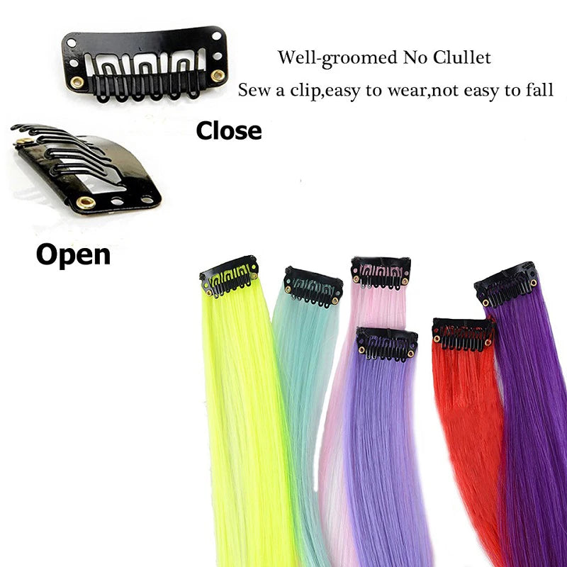 5PCS 22Inch Synthetic Long Straight Hair Clips Rainbow Hair Extension Colored Red Green Blue Hairpiece for Women