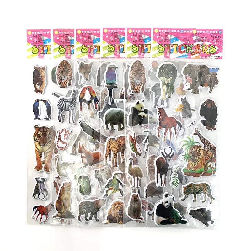 12 Sheets Wild Animals Style Stickers 3D Cartoon Classic Toys Scrapbook Learning Cognitive Sticker for Kids Gift