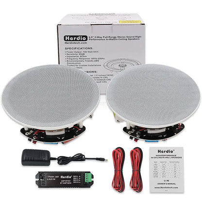 Herdio 2PCS 6.5 Inch Home Audio 300W Ceiling Bluetooth Speaker Home Recessed Speaker System For Indoor Kitchen Bedroom Bathroom