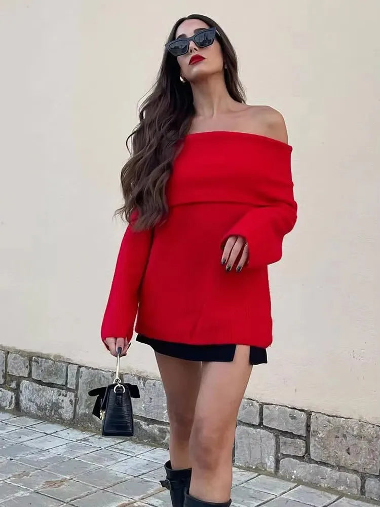 HH Women Fashion Solid Off Shoulder Sweater Long Sleeve Knitted Pullover Sweater Autumn Female Casual Knitwear Chic Top